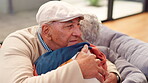 Senior couple, relax and hug in house for love, support and commitment together in marriage with smile. Elderly people, embrace and happy in home for bonding, trust and relationship with connection