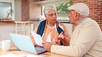 Home, budget and old couple with laptop, paperwork and financial planning for retirement policy. Senior man, woman and discussion in kitchen for mortgage payment, pension fund or health insurance