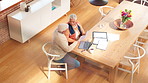 Home, budget and elderly couple with laptop, paperwork and financial planning for retirement from above. Old man, woman and discussion in house for mortgage payment, pension fund or health insurance