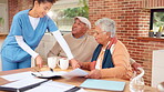 Elderly, couple and documents with caregiver at house for coffee, financial planning and mortgage payment. Smile, senior people and paperwork, woman volunteer and herbal tea for retirement investment