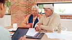 Home, consultant and senior couple with tablet, paperwork and budget planning for online retirement policy. Old man, woman and insurance agent in house with discussion on digital app for pension fund