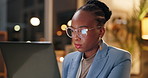 Night, business and black woman with laptop, thinking and ideas with wonder, solution and online reading. African person, evening and employee with computer, problem solving or planning with internet