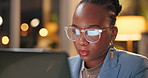 Night, business and black woman with pc, thinking and ideas with wonder, solution and online reading. African person, evening and employee with laptop, problem solving or planning with internet