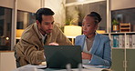 Laptop, review and business people in office at night with global public relations project deadline. Computer, discussion and international communication specialist team with online client feedback.