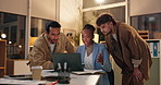 Laptop, team and business people in office at night with global public relations project deadline. Computer, discussion and group of international communication specialist with online client review.