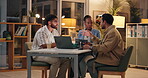 People, together and laptop in brainstorming for ideas, project or portfolio for creativity, career and working late. Group, teamwork and tech in coworking, collaboration and planning for web agency