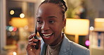 Phone call, night and businesswoman in office with communication for finance deal with global client. Feedback, contact and African financial planner on mobile discussion with international investor.