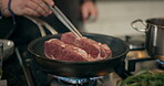 Food, steak and frying pan with hands with person in kitchen for cooking, diet and meal prep. Nutrition, meat cuisine and dinner recipe with beef at home for wellness, dining and healthy ingredients