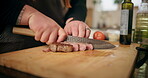 Cooking, meat and cutting with hands with person in kitchen for food, diet and meal prep. Nutrition, beef cuisine and dinner recipe with steak at home for wellness, dining and healthy ingredients