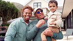 Love, smile and outdoor with face of family at home for happiness, generations and summer. Grandparents, father and child with portrait of people at house together for care, bonding and Brazil