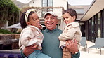 Love, old man and children with face of family at home for happiness, generations and summer. Grandfather, senior and kids with portrait of people at house together for care, bonding and Brazil