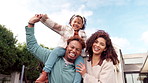 Love, shoulders and smile with family outdoor in garden of home together for bonding or playing. Fun, happy or portrait of mother, father and daughter in yard for property or real estate investment