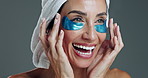 Happy, eye patch and woman in studio, smile and application for dark circles, beauty and wellness. Face mask,  skincare and treatment of dermatology, model and product to reduce inflammation in spa