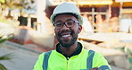 Happy, black man and face of construction worker on site for maintenance, repairs or building. Portrait, infrastructure and African industrial civil engineer with project renovation development.