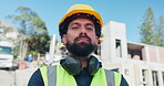 Construction worker, face and confident on site for project management, career growth and hardhat for safety. Portrait, contractor and pride at property development for home renovation or improvement