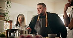 Teaching, chef and shaking in kitchen, food and mentor for internship, woman and listening. Vegetables, learning and questions for recipe, men and talking for event in restaurant and seasoning