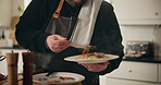 Hands, chef and man with food, lunch and prepare for service, healthy meal and professional. Closeup, home and person with plate, pot and cooking with nutrition, ingredients and recipe for dinner