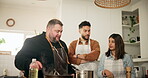 Happy couple, learning and cooking class in kitchen, industry or hospitality for diet, nutrition or food. Woman, man and culinary chef for gourmet cuisine, creativity and skill with meal prep in home