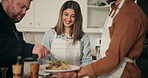 People, plate and chef with food at restaurant for hospitality education, fine dining or nutrition cuisine of cooking. Couple, instructor and flame for grill, culinary class and healthy meal at house