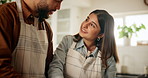 Couple, cooking and happy with help in kitchen, laugh and teaching with conversation, nutrition and dinner. Man, woman and support with advice, ingredients or food with talking for meal prep in home