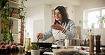 Woman, aroma and kitchen as chef for smell, hospitality or nutrition in home as happy with result. Female person, culinary art for gourmet cuisine, creativity or cooking for meal prep, dinner or food