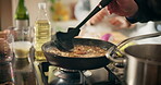 Hands, cooking and stirring of pan, recipe and meal preparation for event planning in restaurant. Kitchen, chef and person with ingredients for culinary, seasoning and frying of food in hotel