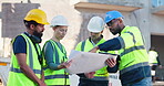 Group, architect and support with blueprint for construction planning, site inspection and architecture design. People, paperwork and communication of maintenance sketch, safety schedule and project