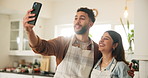 Happy couple, kitchen and live streaming for social media as influencer for brand partnership in home. People, content creator and cooking for vlogging, recipe or meal preparation for online as chef
