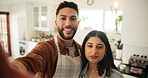 Happy couple, selfie and cooking with live streaming, social media or influencer for brand partnership in home. People, content creator and kitchen for vlog, recipe or meal prep for broadcast as chef