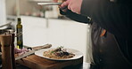 Chef, hands and prepare food at restaurant for hospitality industry, fine dining and nutrition cuisine. Person, grate cheese and catering service for healthy meal, presentation and cooking process
