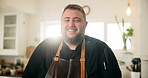 Smile, cooking and face of man in kitchen at house for nutrition, health and homemade meal. Happy, chef and portrait of male person from Canada preparing dinner, supper or lunch food at apartment.