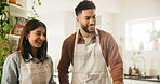 Couple, learning and cooking class in kitchen, industry or hospitality for diet or nutrition in home. Woman, man and culinary art with gourmet cuisine, menu and creativity for skills, bonding or food