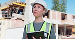 Architect, woman and tablet for inspection of construction planning, site progress and architecture design. Worker, digital blueprint and research of maintenance, quality control and project report
