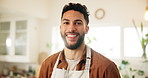 Happy, cooking and face of man in kitchen at house for nutrition, health and homemade meal. Smile, chef and portrait of male person from Mexico preparing dinner, supper or lunch food at apartment.