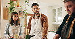 Couple, teaching and cooking class in kitchen, industry or hospitality for diet or nutrition in home. People, chef and culinary art with gourmet cuisine, menu and creative for skills, bonding or food