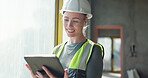 Woman, tablet and communication for construction, inspection and contractor compliance on site. Safety manager, report and quality assurance for renovation, engineering or project management tools