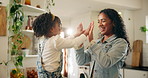 Fun, game or hands with mother and daughter in kitchen of home together for bonding. Laughing, love or smile with single parent woman and girl child playing in apartment for motor skills development