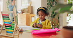 Studying, education and homework with child in home and abacus for mathematic, learning and numbers. Scholarship, development and growth with girl and notebook for kindergarten or student project