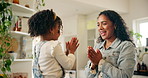 Game, hands or laughing with mother and daughter in kitchen of home together for bonding. Fun, love or smile with single parent woman and girl child playing in apartment for motor skills development