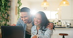 Laptop, smile and video call with couple in home dining room together for communication or wave. Computer, hello or hug with happy man and woman in apartment for virtual conversation or networking