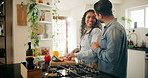 Kitchen, happy couple and vegetables on chopping board for cooking food or healthy vegan meal in home. Laugh, man and woman with knife for cutting carrots, pepper and organic ingredients with love