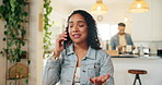Phone call, remote work and smile with woman in home dining room for communication or networking. Conversation,  mobile and planning with happy freelance employee in apartment for startup business