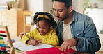 Education, man and child in home with notebook, development and writing in book at table. Homeschooling, family and young girl in living room with dad, maths lesson and distance learning for growth