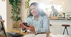 Woman, home and typing with technology for remote work as online english teacher on break or mobile. Female person, laughing and reading on social network, app or internet for news, meme or article