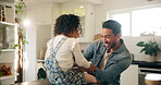 Dad, girl and happy with playing in kitchen counter at home for bonding, fun and care. Parent, kid and smile or excited with fatherhood as family with boxing for child development, growth and support