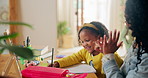 High five, homework and mother with kid in house for maths learning, education and child development. Teach, family and mom help girl student with academic school assignment for counting or numbers.