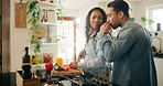 Taste, happy couple and cutting vegetables for cooking food, lunch or healthy vegan meal in home kitchen. Smile, man and woman on chopping board for carrots, pepper or organic ingredients with love