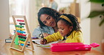 Abacus, homework and mother with kid in house for maths learning, education and child development. Teach, family and mom helping girl student with academic school assignment for counting or numbers.