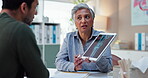 Medical, doctor and xray with tablet and people for consulting, report or treatment plan. Healthcare, medicine and synthetic stem cell therapy with patient and bone marrow transplant breakthrough