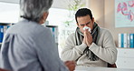 Sick, man and blowing nose with with doctor at clinic for flu symptoms, advice and treatment of virus. Healthcare, worker and person with illness by GP for medical, evaluation or LB.1 covid diagnosis